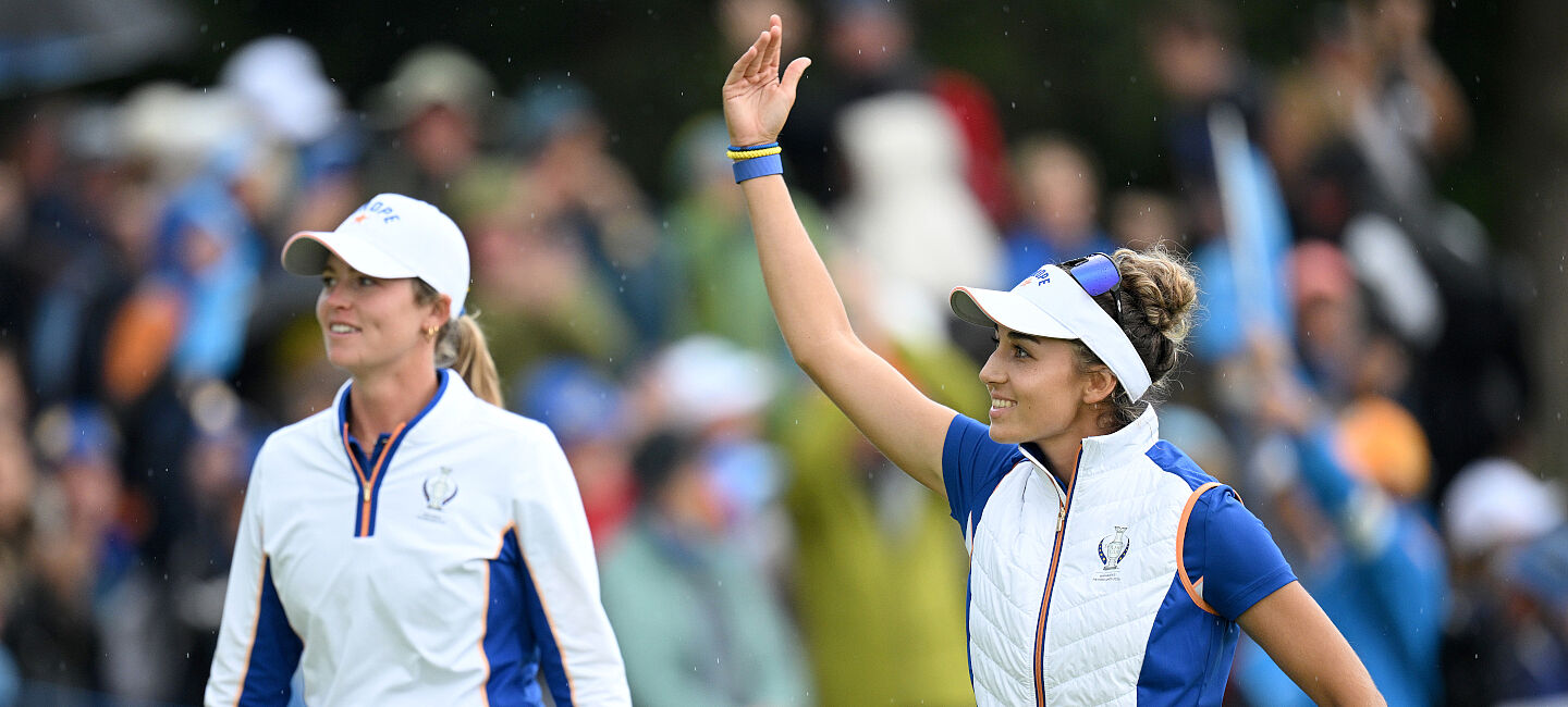 Mimi Rhodes und Nastasia Nadaud in einem gemeinsamen Match beim 20. Solheim Cup.
