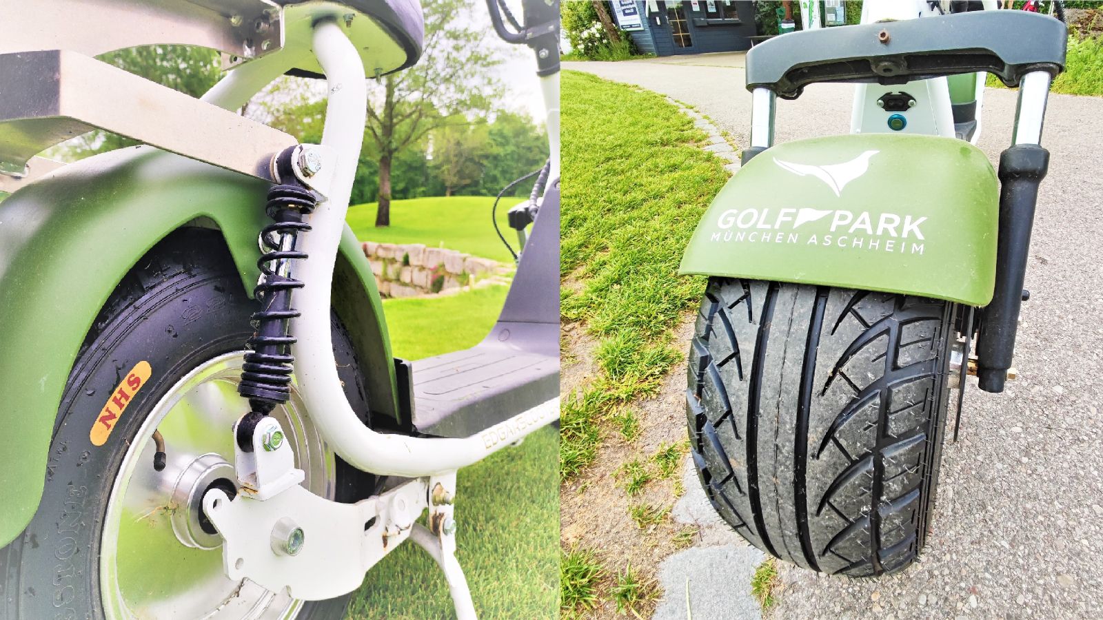 Dicke Reifen und starke Federn - der E-Scooter für den Golfplatz ist einfach im Handling.