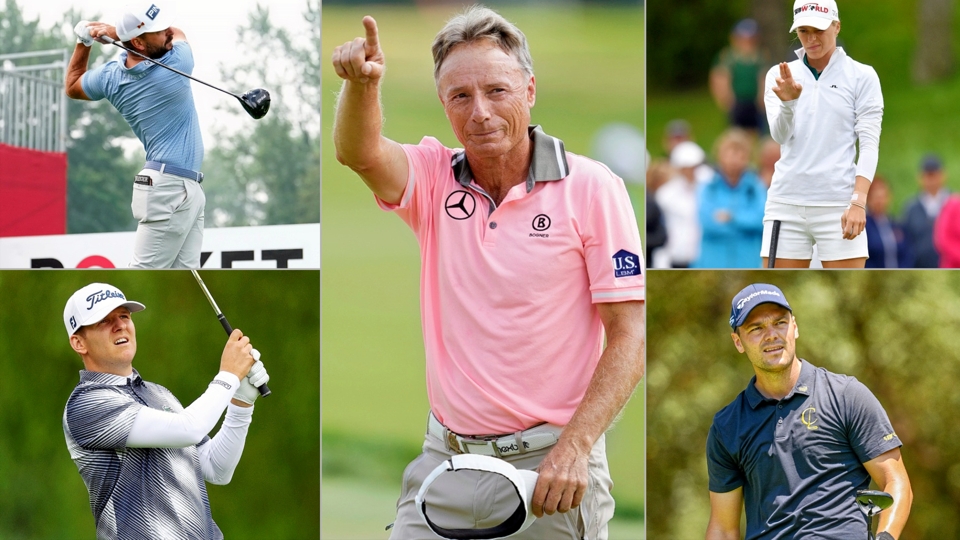 Hielten vergangene Woche die deutsche Flagge hoch: Stephan Jäger (PGA Tour), Yannik Paul (DP World Tour), Bernhard Langer (PGA Tour Champions), Sophie Witt (LET) und Martin Kaymer (LIV).