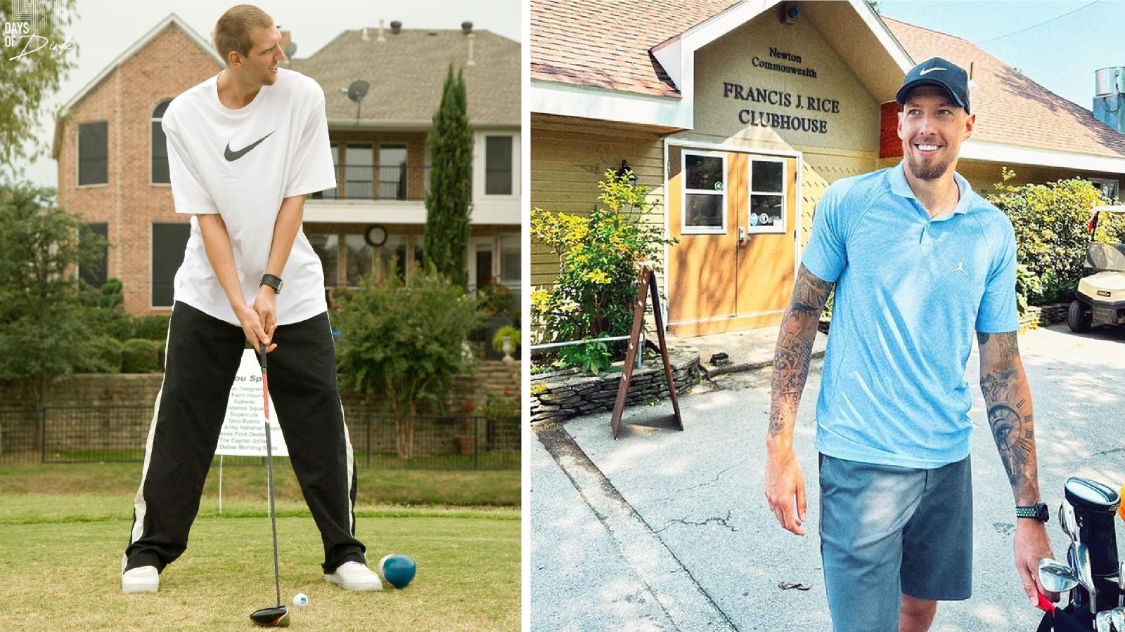 Auch sie probieren ab und zu Golf: die deutschen Basketball-Stars Dirk Nowitzki (l.) und Weltmeister Daniel Theis. © twitter.com/dallasmavs, instagram.com/dtheis10 