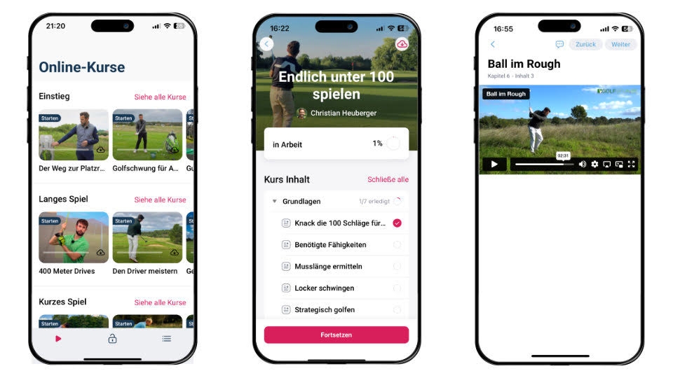 Inspirationen für das Training: Die App von golfstun.de bietet verschiedene Kurse mit diversen Kapiteln an. 