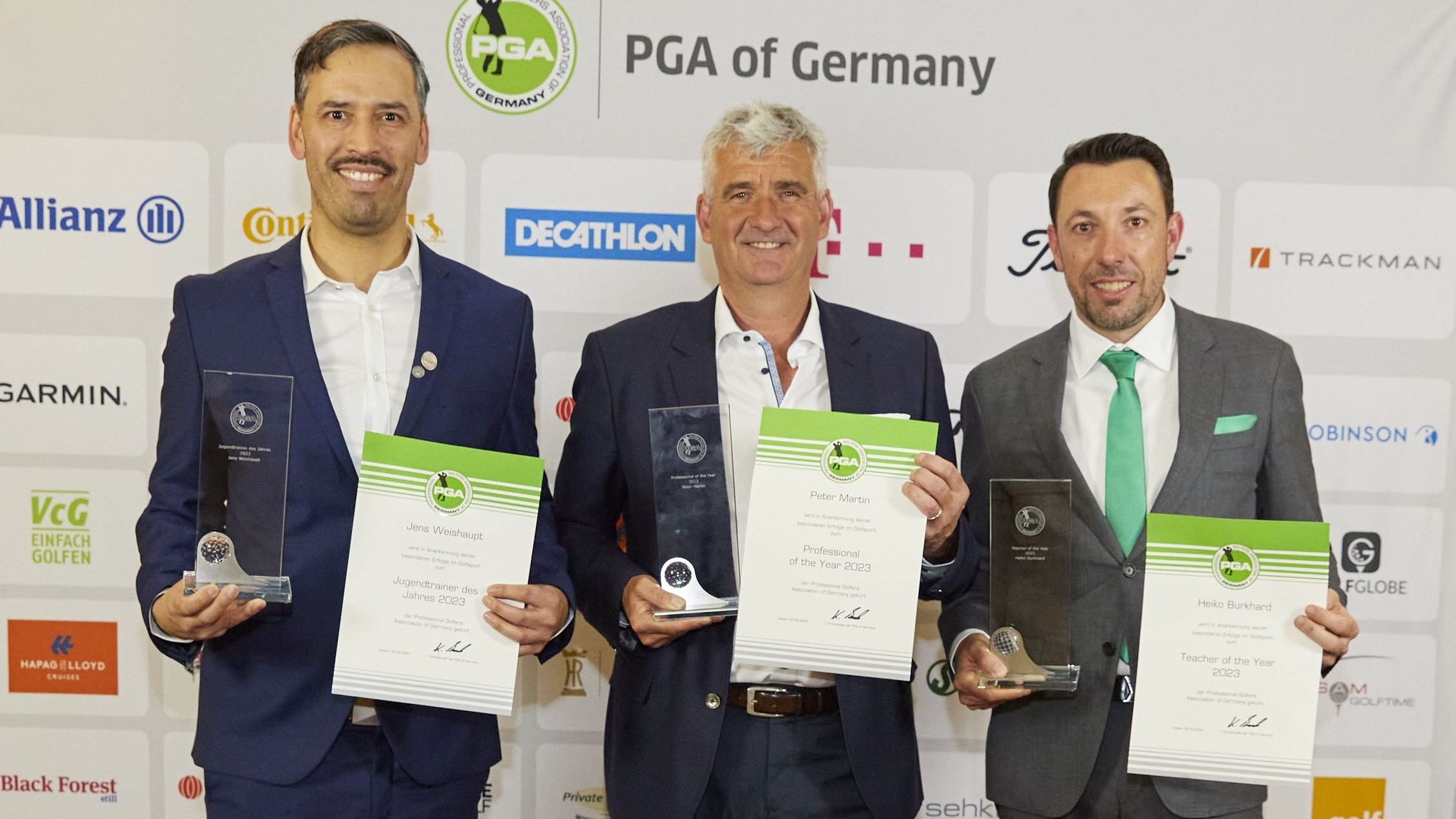 Ausgezeichnet (v.l.): Jens Weishaupt (bester Jugendtrainer), Peter Martin (PGA Professional of the Year) und Heiko Burkhard (Trainer des Jahres 2023) nahmen die Awards der PGA of Germany in Kassel entgegen.