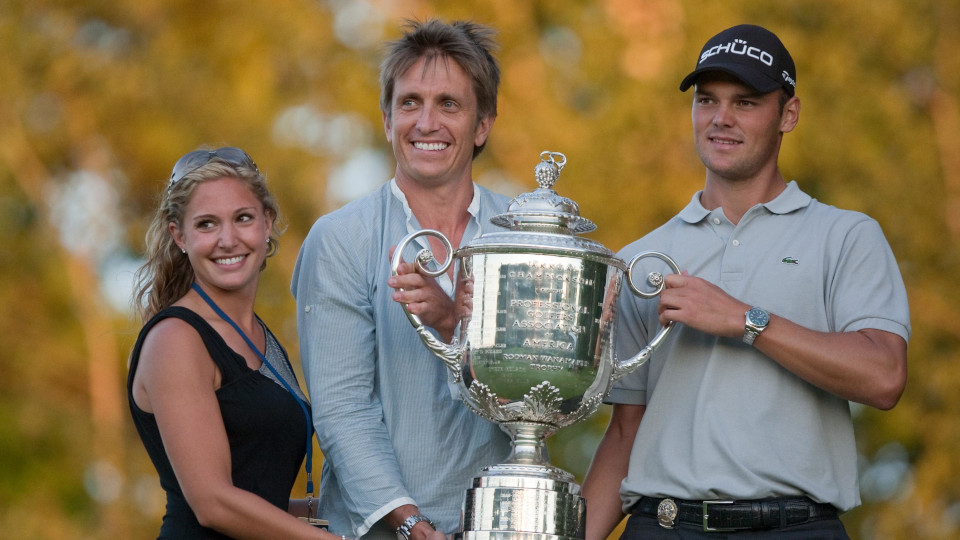 Martin Kaymer mit seiner damaligen Freundin Allison Micheletti sowie Manager Yohan Elliott bei der PGA Championship 2010. © golfsupport.nl/Damen Jackson/ism