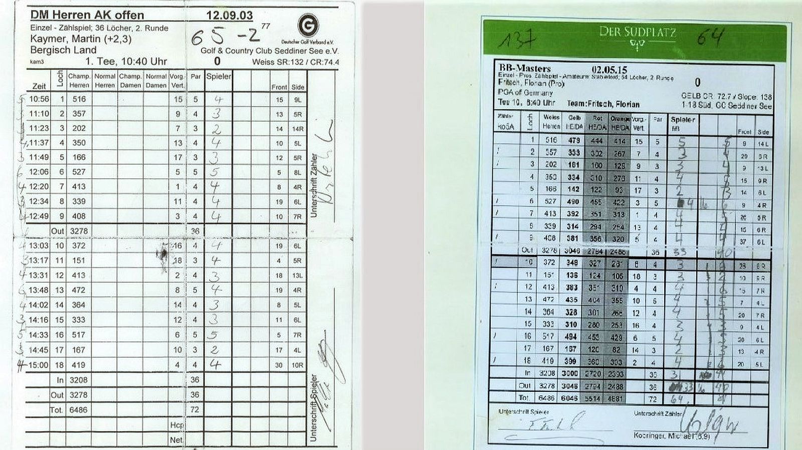 Platzrekord Schwarz auf Weiß: Links die Scorekarte von Martin Kaymer, der 2003 eine 65 unterschrieb, rechts die Karte von Florian Fritsch, der 2015 eine 64 auf dem Südplatz des G&CC Seddiner See schoss.