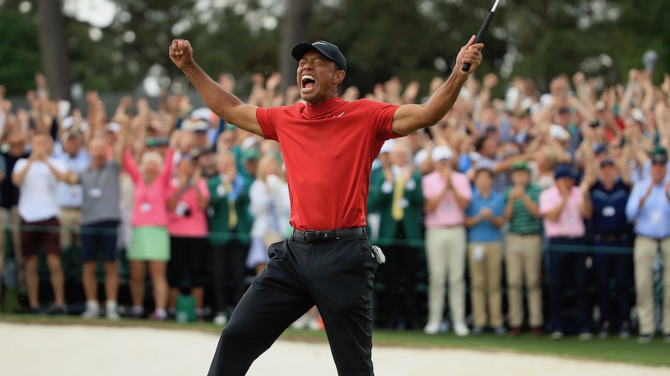 Glücksmoment für die Ewigkeit: Tiger Woods bei seinem Masters-Triumph in Augusta 2019. 