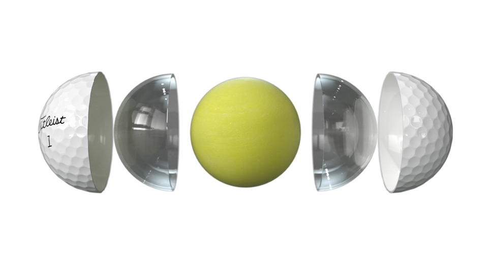 Beispiel für einen modernen, dreiteilig aufgebauten Tourball mit großem Kern, Mantelschicht und Urethanschale (Titleist Pro V1). © Titleist
