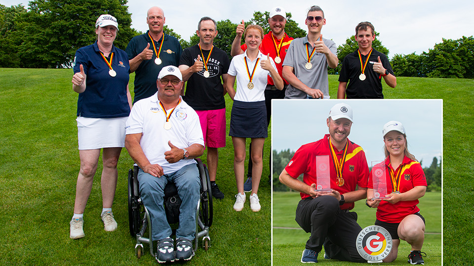 Die stolzen Sieger der IAM (kleines Foto) und der DM 2022 der Golferinnen und Golfer mit Einschränkungen. Fotos: DGV/mat