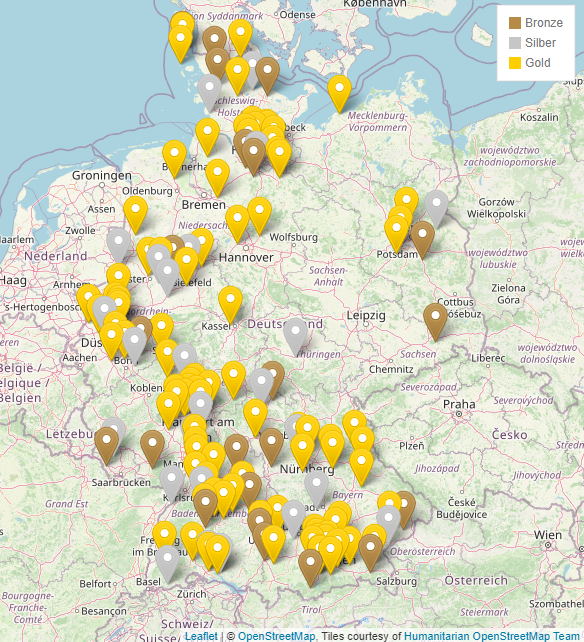 Auf dieser Karte sind alle mit dem Golf&Natur Zertifikat bereits ausgezeichneten Golfanlagen markiert. 